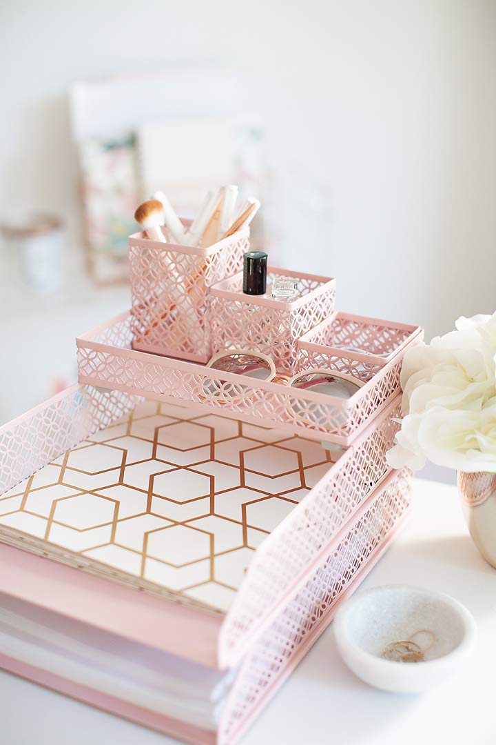 BLU MONACO Pink Desk Organizer Set for Women | 6-Piece Interlocking Office Supplies Set with Pen Cup, Accessory Trays & Letter Trays | Pink Room Decor for Workspace, Home Office & Study Areas - Image 4